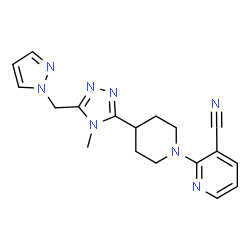 ChemSpider 2D Image | 2-{4-[4-Methyl-5-(1H-pyrazol-1-ylmethyl)-4H-1,2,4-triazol-3-yl]-1-piperidinyl}nicotinonitrile | C18H20N8