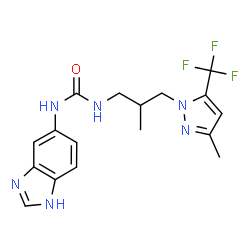 ChemSpider 2D Image | 1-(1H-Benzimidazol-5-yl)-3-{2-methyl-3-[3-methyl-5-(trifluoromethyl)-1H-pyrazol-1-yl]propyl}urea | C17H19F3N6O