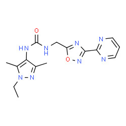 ChemSpider 2D Image | 1-(1-Ethyl-3,5-dimethyl-1H-pyrazol-4-yl)-3-{[3-(2-pyrimidinyl)-1,2,4-oxadiazol-5-yl]methyl}urea | C15H18N8O2