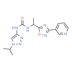 ChemSpider 2D Image | 1-(1-Isopropyl-1H-1,2,3-triazol-4-yl)-3-{1-[3-(3-pyridinyl)-1,2,4-oxadiazol-5-yl]ethyl}urea | C15H18N8O2