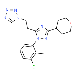 ChemSpider 2D Image | 1-{2-[1-(3-Chloro-2-methylphenyl)-3-(tetrahydro-2H-pyran-4-yl)-1H-1,2,4-triazol-5-yl]ethyl}-1H-tetrazole | C17H20ClN7O