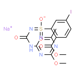 ChemSpider 2D Image | Sodium 5-iodo-2-(methoxycarbonyl)-N-[(4-methoxy-6-methyl-1,3,5-triazin-2-yl)carbamoyl]benzenesulfonimidate | C14H13IN5NaO6S