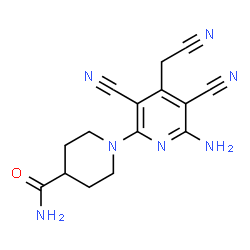 ChemSpider 2D Image | 1-[6-Amino-3,5-dicyano-4-(cyanomethyl)-2-pyridinyl]-4-piperidinecarboxamide | C15H15N7O