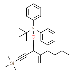 ChemSpider 2D Image | Trimethyl(4-methylene-3-{[(2-methyl-2-propanyl)(diphenyl)silyl]oxy}-1-octyn-1-yl)silane | C28H40OSi2