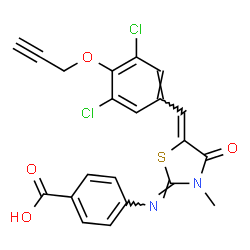 ChemSpider 2D Image | 4-[(Z)-{(5Z)-5-[3,5-Dichloro-4-(2-propyn-1-yloxy)benzylidene]-3-methyl-4-oxo-1,3-thiazolidin-2-ylidene}amino]benzoic acid | C21H14Cl2N2O4S