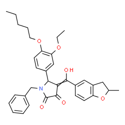 ChemSpider 2D Image | 1-Benzyl-5-[3-ethoxy-4-(pentyloxy)phenyl]-4-[hydroxy(2-methyl-2,3-dihydro-1-benzofuran-5-yl)methylene]-2,3-pyrrolidinedione | C34H37NO6