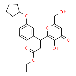 ChemSpider 2D Image | Ethyl 3-[3-(cyclopentyloxy)phenyl]-3-[3-hydroxy-6-(hydroxymethyl)-4-oxo-4H-pyran-2-yl]propanoate | C22H26O7