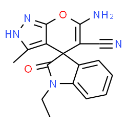 ChemSpider 2D Image | 6'-Amino-1-ethyl-3'-methyl-2-oxo-1,2-dihydro-2'H-spiro[indole-3,4'-pyrano[2,3-c]pyrazole]-5'-carbonitrile | C17H15N5O2