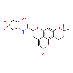 ChemSpider 2D Image | N-(4-hydroxy-1-oxido-1-oxo-2,3,4,5-tetrahydrothiophen-3-yl)-2-[(4,8,8-trimethyl-2-oxo-9,10-dihydropyrano[2,3-h]chromen-5-yl)oxy]acetamide | C21H25NO8S