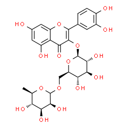ChemSpider 2D Image | 2-(3,4-Dihydroxyphenyl)-5,7-dihydroxy-4-oxo-4H-chromen-3-yl 6-O-(6-deoxy-D-mannopyranosyl)-beta-D-glucopyranoside | C27H30O16