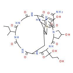 ChemSpider 2D Image | 2-[34-sec-Butyl-13-(2,4-dihydroxy-2-butanyl)-8,22-dihydroxy-27-oxido-2,5,11,14,30,33,36,39-octaoxo-27-thia-3,6,12,15,25,29,32,35,38-nonaazapentacyclo[14.12.11.0~6,10~.0~18,26~.0~19,24~]nonatriaconta-1
8(26),19,21,23-tetraen-4-yl]acetamide | C39H54N10O14S