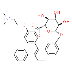 ChemSpider 2D Image | 2-(4-{(1E)-1-[3-(beta-D-Glucopyranuronosyloxy)phenyl]-2-phenyl-1-buten-1-yl}phenoxy)-N,N-dimethylethanaminium | C32H37NO8
