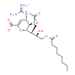ChemSpider 2D Image | (6R)-5-Acetamido-4-{[ammonio(imino)methyl]amino}-2,6-anhydro-3,4,5-trideoxy-6-[(1S,2R)-2-hydroxy-1-methoxy-3-(octanoyloxy)propyl]-L-threo-hex-2-enonate | C21H36N4O8