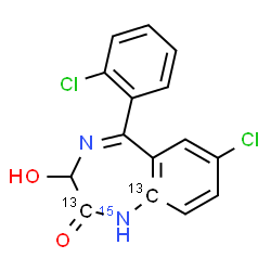 ChemSpider 2D Image | 7-Chloro-5-(2-chlorophenyl)-3-hydroxy(2,9a-~13~C_2_,1-~15~N)-1,3-dihydro-2H-1,4-benzodiazepin-2-one | C1313C2H10Cl2N15NO2