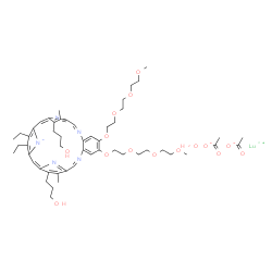 ChemSpider 2D Image | Lutetium acetate (12Z,20Z)-4,5-diethyl-9,24-bis(3-hydroxypropyl)-16,17-bis{2-[2-(2-methoxyethoxy)ethoxy]ethoxy}-10,23-dimethyl-13,20,25,26,27-pentaazapentacyclo[20.2.1.1~3,6~.1~8,11~.0~14,19~]heptacos
a-1,3,5,7,9,11(26),12,14,16,18,20,22(25),23-tridecaen-27-ide hydrate (1:2:1:1) | C52H74LuN5O15