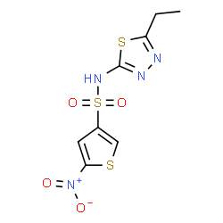 ChemSpider 2D Image | N-(5-Ethyl-1,3,4-thiadiazol-2-yl)-5-nitro-3-thiophenesulfonamide | C8H8N4O4S3