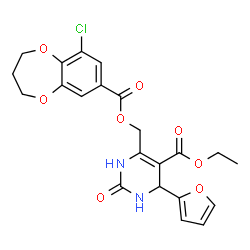 ChemSpider 2D Image | Ethyl 6-({[(9-chloro-3,4-dihydro-2H-1,5-benzodioxepin-7-yl)carbonyl]oxy}methyl)-4-(2-furyl)-2-oxo-1,2,3,4-tetrahydro-5-pyrimidinecarboxylate | C22H21ClN2O8