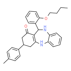 ChemSpider 2D Image | 11-(2-Butoxyphenyl)-3-(4-methylphenyl)-2,3,4,5,10,11-hexahydro-1H-dibenzo[b,e][1,4]diazepin-1-one | C30H32N2O2