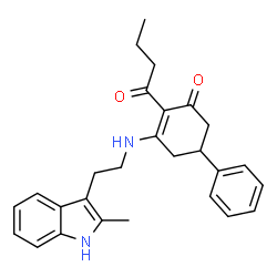 ChemSpider 2D Image | 2-Butyryl-3-{[2-(2-methyl-1H-indol-3-yl)ethyl]amino}-5-phenyl-2-cyclohexen-1-one | C27H30N2O2