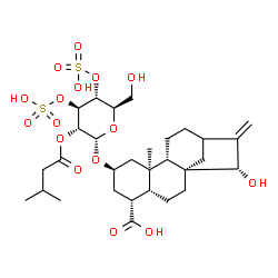 ChemSpider 2D Image | (1R,4R,5R,7R,9R,10S,15S)-15-Hydroxy-9-methyl-7-{[2-O-(3-methylbutanoyl)-3,4-di-O-sulfo-alpha-D-glucopyranosyl]oxy}-14-methylenetetracyclo[11.2.1.0~1,10~.0~4,9~]hexadecane-5-carboxylic acid | C30H46O16S2