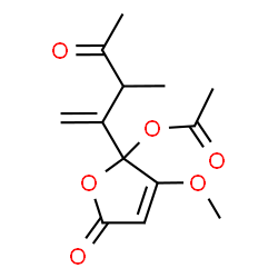 ChemSpider 2D Image | 3-Methoxy-2-(3-methyl-4-oxo-1-penten-2-yl)-5-oxo-2,5-dihydro-2-furanyl acetate | C13H16O6
