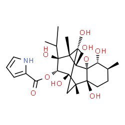 ChemSpider 2D Image | (1R,2S,5S,6R,7S,9S,10R,11S,12S,13S,15S)-2,6,9,11,13,15-Hexahydroxy-11-isopropyl-1,5,10-trimethyl-8-oxatetracyclo[7.4.1.1~7,10~.0~2,7~]pentadec-12-yl 1H-pyrrole-2-carboxylate | C25H37NO9