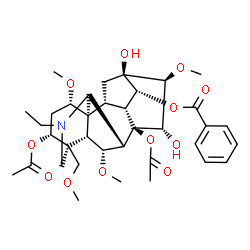 ChemSpider 2D Image | (1alpha,3alpha,6alpha,7beta,14alpha,15alpha,16beta)-3,8-Diacetoxy-20-ethyl-13,15-dihydroxy-1,6,16-trimethoxy-4-(methoxymethyl)aconitan-14-yl benzoate | C36H49NO12
