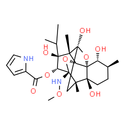 ChemSpider 2D Image | (1S,2R,3S,6S,7S,9S,10R,11S,12R,13R,15R)-2,6,9,11-Tetrahydroxy-11-isopropyl-13-(methoxyamino)-3,7,10-trimethyl-14,16-dioxapentacyclo[7.6.1.0~1,6~.0~7,13~.0~10,15~]hexadec-12-yl 1H-pyrrole-2-carboxylate | C26H38N2O9