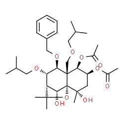ChemSpider 2D Image | (1S,2S,4S,5R,6R,7S,8S,9S,12R)-7-(Benzyloxy)-2,12-dihydroxy-8-isobutoxy-6-(isobutoxymethyl)-2,10,10-trimethyl-11-oxatricyclo[7.2.1.0~1,6~]dodecane-4,5-diyl diacetate | C34H52O10