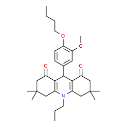 ChemSpider 2D Image | 9-(4-Butoxy-3-methoxyphenyl)-3,3,6,6-tetramethyl-10-propyl-3,4,6,7,9,10-hexahydro-1,8(2H,5H)-acridinedione | C31H43NO4