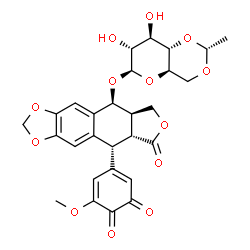 ChemSpider 2D Image | (5S,5aR,8aR,9R)-9-(5-Methoxy-3,4-dioxo-1,5-cyclohexadien-1-yl)-8-oxo-5,5a,6,8,8a,9-hexahydrofuro[3',4':6,7]naphtho[2,3-d][1,3]dioxol-5-yl 4,6-O-[(1R)-ethylidene]-beta-D-glucopyranoside | C28H28O13