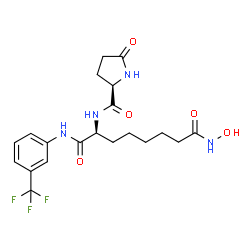 ChemSpider 2D Image | (2S)-N~8~-Hydroxy-2-[(5-oxo-D-prolyl)amino]-N~1~-[3-(trifluoromethyl)phenyl]octanediamide | C20H25F3N4O5