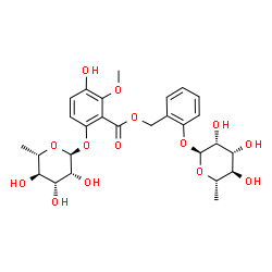 ChemSpider 2D Image | 2-[(6-Deoxy-alpha-L-mannopyranosyl)oxy]benzyl 6-[(6-deoxy-alpha-L-mannopyranosyl)oxy]-3-hydroxy-2-methoxybenzoate | C27H34O14