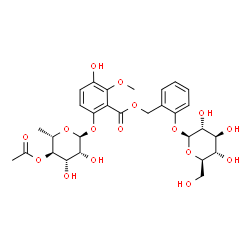 ChemSpider 2D Image | 2-(beta-D-Glucopyranosyloxy)benzyl 6-[(4-O-acetyl-6-deoxy-alpha-L-mannopyranosyl)oxy]-3-hydroxy-2-methoxybenzoate | C29H36O16
