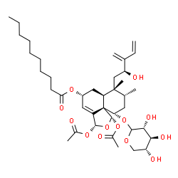 ChemSpider 2D Image | (1S,3R,5R,6aS,7R,8R,10S,10aS)-1,3-Diacetoxy-7-[(2S)-2-hydroxy-3-methylene-4-penten-1-yl]-7,8-dimethyl-10-(D-xylopyranosyloxy)-3,5,6,6a,7,8,9,10-octahydronaphtho[1,8a-c]furan-5-yl decanoate | C39H60O13