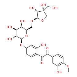 ChemSpider 2D Image | 3-Hydroxy-4-[(3-hydroxy-4-methoxyphenyl)(oxo)acetyl]phenyl 6-O-[(2R,3R,4R)-3,4-dihydroxy-4-(hydroxymethyl)tetrahydro-2-furanyl]-beta-D-glucopyranoside | C26H30O15