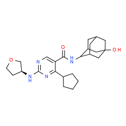 ChemSpider 2D Image | 4-Cyclopentyl-N-(5-hydroxyadamantan-2-yl)-2-[(3S)-tetrahydro-3-furanylamino]-5-pyrimidinecarboxamide | C24H34N4O3