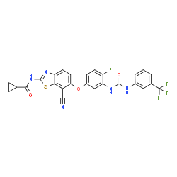 ChemSpider 2D Image | N-{7-Cyano-6-[4-fluoro-3-({[3-(trifluoromethyl)phenyl]carbamoyl}amino)phenoxy]-1,3-benzothiazol-2-yl}cyclopropanecarboxamide | C26H17F4N5O3S
