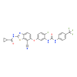ChemSpider 2D Image | N-{7-Cyano-6-[4-fluoro-3-({[4-(trifluoromethyl)phenyl]carbamoyl}amino)phenoxy]-1,3-benzothiazol-2-yl}cyclopropanecarboxamide | C26H17F4N5O3S