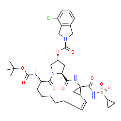 ChemSpider 2D Image | (2R,6S,12Z,13aS,14aR,16aS)-14a-[(Cyclopropylsulfonyl)carbamoyl]-6-({[(2-methyl-2-propanyl)oxy]carbonyl}amino)-5,16-dioxo-1,2,3,5,6,7,8,9,10,11,13a,14,14a,15,16,16a-hexadecahydrocyclopropa[e]pyrrolo[1,
2-a][1,4]diazacyclopentadecin-2-yl 4-chloro-1,3-dihydro-2H-isoindole-2-carboxylate | C35H46ClN5O9S