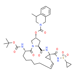 ChemSpider 2D Image | (2R,6S,12Z,13aS,14aR,16aS)-14a-[(Cyclopropylsulfonyl)carbamoyl]-6-({[(2-methyl-2-propanyl)oxy]carbonyl}amino)-5,16-dioxo-1,2,3,5,6,7,8,9,10,11,13a,14,14a,15,16,16a-hexadecahydrocyclopropa[e]pyrrolo[1,
2-a][1,4]diazacyclopentadecin-2-yl 4-methyl-3,4-dihydro-2(1H)-isoquinolinecarboxylate | C37H51N5O9S