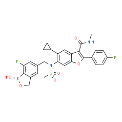 ChemSpider 2D Image | 5-Cyclopropyl-6-{[(7-fluoro-1-hydroxy-1,3-dihydro-2,1-benzoxaborol-5-yl)methyl](methylsulfonyl)amino}-2-(4-fluorophenyl)-N-methyl-1-benzofuran-3-carboxamide | C28H25BF2N2O6S