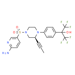 ChemSpider 2D Image | 2-{4-[(2S)-4-[(6-Amino-3-pyridinyl)sulfonyl]-2-(1-propyn-1-yl)-1-piperazinyl]phenyl}-1,1,1,3,3,3-hexafluoro-2-propanol | C21H20F6N4O3S