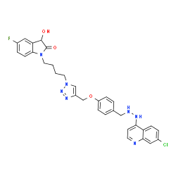 ChemSpider 2D Image | 1-(4-{4-[(4-{[2-(7-Chloro-4-quinolinyl)hydrazino]methyl}phenoxy)methyl]-1H-1,2,3-triazol-1-yl}butyl)-5-fluoro-3-hydroxy-1,3-dihydro-2H-indol-2-one | C31H29ClFN7O3