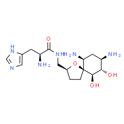 ChemSpider 2D Image | N-{[(2S,5S,6R,7S,8R,10S)-8,10-Diamino-6,7-dihydroxy-1-oxaspiro[4.5]dec-2-yl]methyl}-L-histidinamide | C16H28N6O4