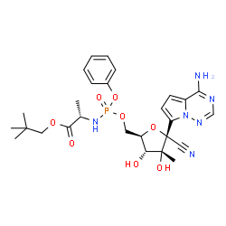 ChemSpider 2D Image | 2,2-Dimethylpropyl (2S)-2-{[{[(2R,3R,4R,5R)-5-(4-aminopyrrolo[2,1-f][1,2,4]triazin-7-yl)-5-cyano-3,4-dihydroxy-4-methyltetrahydro-2-furanyl]methoxy}(phenoxy)phosphoryl]amino}propanoate (non-preferred 
name) | C27H35N6O8P