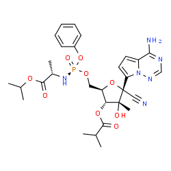 ChemSpider 2D Image | Isopropyl (2S)-2-{[(S)-{[(2R,3R,4R,5R)-5-(4-aminopyrrolo[2,1-f][1,2,4]triazin-7-yl)-5-cyano-4-hydroxy-3-(isobutyryloxy)-4-methyltetrahydro-2-furanyl]methoxy}(phenoxy)phosphoryl]amino}propanoate (non-p
referred name) | C29H37N6O9P