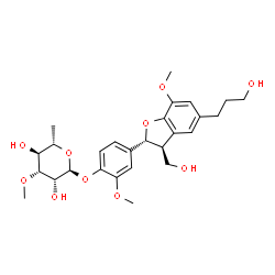 ChemSpider 2D Image | 4-[(2R,3S)-3-(Hydroxymethyl)-5-(3-hydroxypropyl)-7-methoxy-2,3-dihydro-1-benzofuran-2-yl]-2-methoxyphenyl 6-deoxy-3-O-methyl-alpha-L-mannopyranoside | C27H36O10