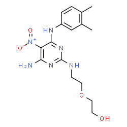 ChemSpider 2D Image | 2-[2-({4-Amino-6-[(3,4-dimethylphenyl)amino]-5-nitro-2-pyrimidinyl}amino)ethoxy]ethanol | C16H22N6O4
