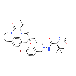 ChemSpider 2D Image | Methyl {(2S)-1-[2-(4-bromobenzyl)-2-{3-[(3R,6S,10Z)-3-hydroxy-6-isopropyl-4,7-dioxo-5,8-diazabicyclo[11.2.2]heptadeca-1(15),10,13,16-tetraen-3-yl]propyl}hydrazino]-3,3-dimethyl-1-oxo-2-butanyl}carbama
te | C36H50BrN5O6